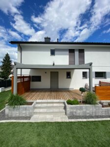 Heliomatik Pergola Faltdach mit integrierten LED grau