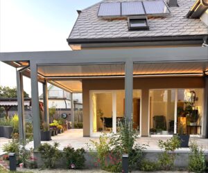 Heliomatik Pergola Lamellendach grau anthrazit mit Beleuchtung und elektrische Markise Amstetten, Wieselburg, Scheibbs, Waidhofen, Linz, Wels, Steyr, Enns, Perg, Vöcklabruck, Attersee, Salzburg, Steiermark