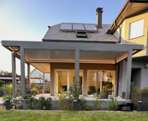 Heliomatik Pergola Lamellendach grau anthrazit mit Beleuchtung und elektrische Markise Amstetten, Wieselburg, Scheibbs, Waidhofen, Linz, Wels, Steyr, Enns, Perg, Vöcklabruck, Attersee, Salzburg, Steiermark